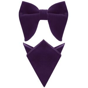 Velvet Pre-Tied Oversize Bowtie with Pocket Square Bow Tie Sets Dark Purple